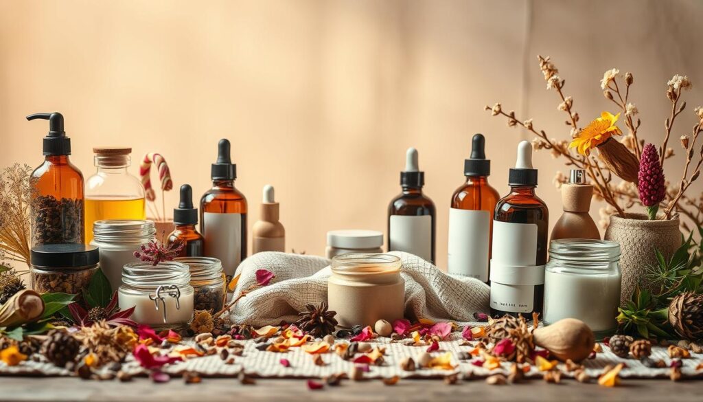 A beautifully lit, high-resolution still life photograph showcasing an assortment of natural skincare products. Arrange in the foreground a variety of glass jars, bottles, and ceramic containers, each brimming with earthy-toned creams, serums, and oils. Scatter amongst them dried botanicals, flower petals, and freshly harvested herbs, creating a visually rich and tactile display. In the middle ground, place a soft, natural-fiber cloth or towel, subtly textured. Let the background fade into a warm, diffuse lighting, perhaps an open window or soft studio light, casting a gentle glow over the entire scene. Convey a sense of purity, wellness, and connection to the natural world. A beautifully lit, high-resolution still life photograph showcasing an assortment of natural skincare products. Arrange in the foreground a variety of glass jars, bottles, and ceramic containers, each brimming with earthy-toned creams, serums, and oils. Scatter amongst them dried botanicals, flower petals, and freshly harvested herbs, creating a visually rich and tactile display. In the middle ground, place a soft, natural-fiber cloth or towel, subtly textured. Let the background fade into a warm, diffuse lighting, perhaps an open window or soft studio light, casting a gentle glow over the entire scene. Convey a sense of purity, wellness, and connection to the natural world.