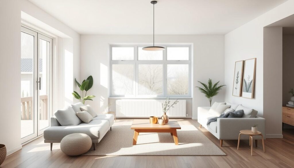 A cozy and inviting Scandinavian-inspired living room, flooded with natural light from large windows. Minimalist furniture in neutral tones, like a white sofa and wooden coffee table, create a serene and harmonious ambiance. Accents of greenery, such as a potted plant, and a textured rug add warmth and softness. The space is bathed in a soft, diffused lighting, with a sleek pendant lamp casting a gentle glow. Smooth, clean lines and a focus on functionality define the room's design aesthetic. An airy, peaceful atmosphere, showcasing the essence of Scandinavian interior style.