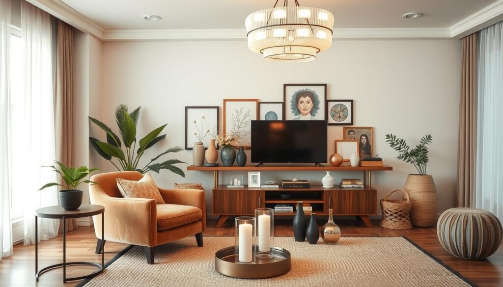A cozy and inviting living room adorned with an assortment of carefully curated home decor accessories. In the foreground, a plush velvet armchair sits atop a woven area rug, flanked by a sleek side table with a potted plant and a decorative tray displaying artisanal candles. In the middle ground, a wooden media console showcases an array of framed artwork, vases, and ornamental figurines. The background features large windows that flood the space with warm, natural light, complemented by sheer curtains and a striking modern chandelier that casts a soft, ambient glow. The overall atmosphere exudes a sense of refined elegance and thoughtful design, inspiring a harmonious and visually appealing living environment.