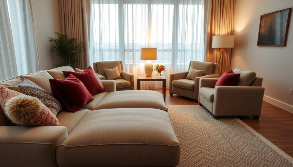 A cozy and inviting living room scene with an array of soft and plush textiles. In the foreground, an oversized sectional sofa with deep cushions, covered in a neutral, textured fabric. Decorative throw pillows in rich jewel tones and patterns add visual interest. In the middle ground, a large area rug in a subtle herringbone or tribal design grounds the space. Behind the sofa, a pair of armchairs upholstered in a velvety material sit beside a wooden end table topped with a table lamp emitting a warm, ambient glow. Sheer curtains frame the windows, allowing soft, diffused natural light to filter through. The overall mood is one of comfort, relaxation, and elegant simplicity.