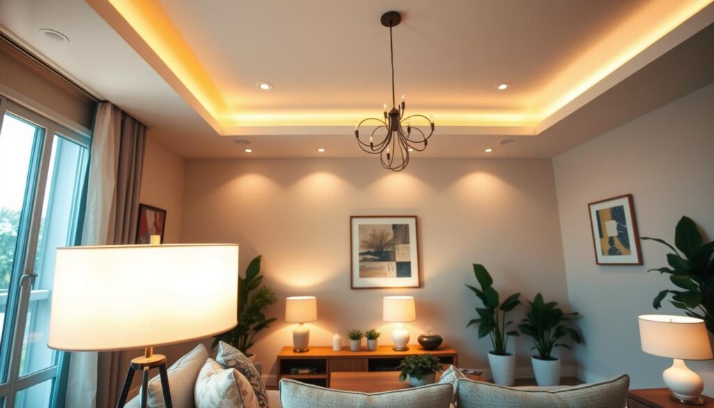 A cozy and inviting living room with a mix of warm and soft lighting sources. A large floor lamp casts a gentle glow in the foreground, while recessed ceiling lights provide a subtle ambient illumination. Decorative table lamps on side tables and a stylish chandelier above a wooden coffee table create a harmonious and well-lit atmosphere. The walls are painted in a soothing neutral tone, and plants and artwork add pops of color and visual interest. The overall scene conveys a sense of comfort and relaxation, perfectly complementing the "Essential Decoration Elements for Every Home" theme.
