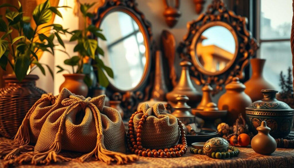 A cozy bohemian still life, bathed in warm, golden lighting. In the foreground, an array of textured accessories - tasseled pouches, beaded jewelry, and an ornate vintage mirror. Midground, a collection of eclectic trinkets and found objects, each with its own story. In the background, lush foliage and earthy terracotta elements create a sense of laidback, carefree elegance. Shallow depth of field focuses the viewer's attention on the intricate details and rich, saturated colors that capture the essence of bohemian style. A cozy bohemian still life, bathed in warm, golden lighting. In the foreground, an array of textured accessories - tasseled pouches, beaded jewelry, and an ornate vintage mirror. Midground, a collection of eclectic trinkets and found objects, each with its own story. In the background, lush foliage and earthy terracotta elements create a sense of laidback, carefree elegance. Shallow depth of field focuses the viewer's attention on the intricate details and rich, saturated colors that capture the essence of bohemian style.