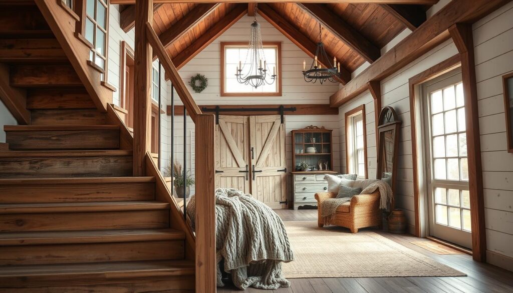 A cozy farmhouse-inspired interior design scene, showcasing the essential steps to achieve the rustic-chic aesthetic. In the foreground, a weathered wooden staircase with distressed steps leads up to a loft-like space. Wooden beams and whitewashed shiplap walls create a warm, inviting backdrop. Vintage accents, such as a salvaged barn door and a shabby-chic chandelier, add charming character. Soft lighting filters through large windows, casting a gentle glow and evoking a sense of country living. In the middle ground, a mix of natural textures, from a cozy knit throw to a woven area rug, harmonize to form a cohesive, lived-in ambiance. The overall mood is one of comfortable sophistication, blending rustic elements with modern farmhouse style.