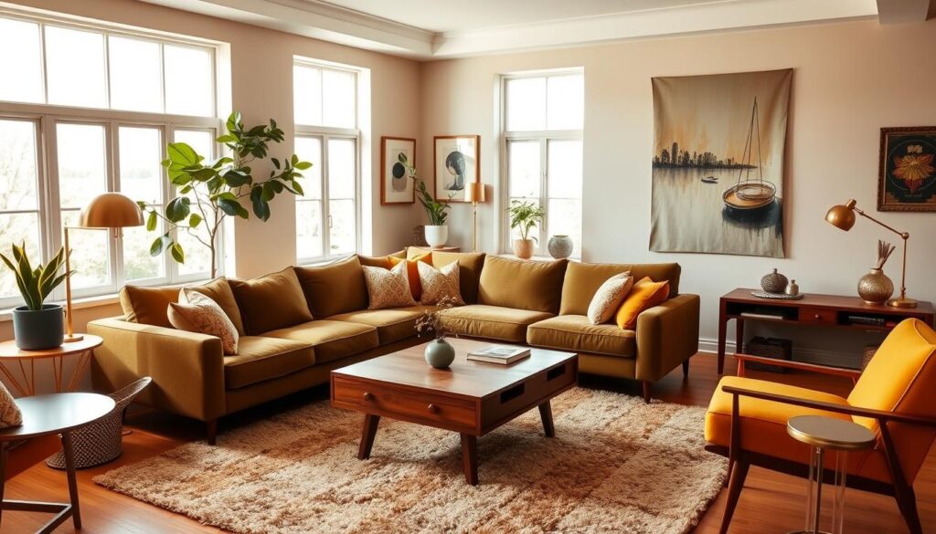 A cozy, inviting living room with a mid-century modern aesthetic. The room is bathed in warm, natural lighting from large windows, highlighting the rich textures and colors. A plush, L-shaped sofa in a deep olive green anchors the space, accompanied by a low-profile, teak wood coffee table. Accent chairs in a mustard yellow hue provide additional seating. Decorative elements include a large, abstract wall hanging, a potted fiddle-leaf fig tree, and a shag rug in earthy tones. Subtle brass accents, such as a floor lamp and side table, add a touch of elegance. The overall atmosphere is one of sophistication and relaxation, perfect for showcasing impactful room-by-room decoration strategies.