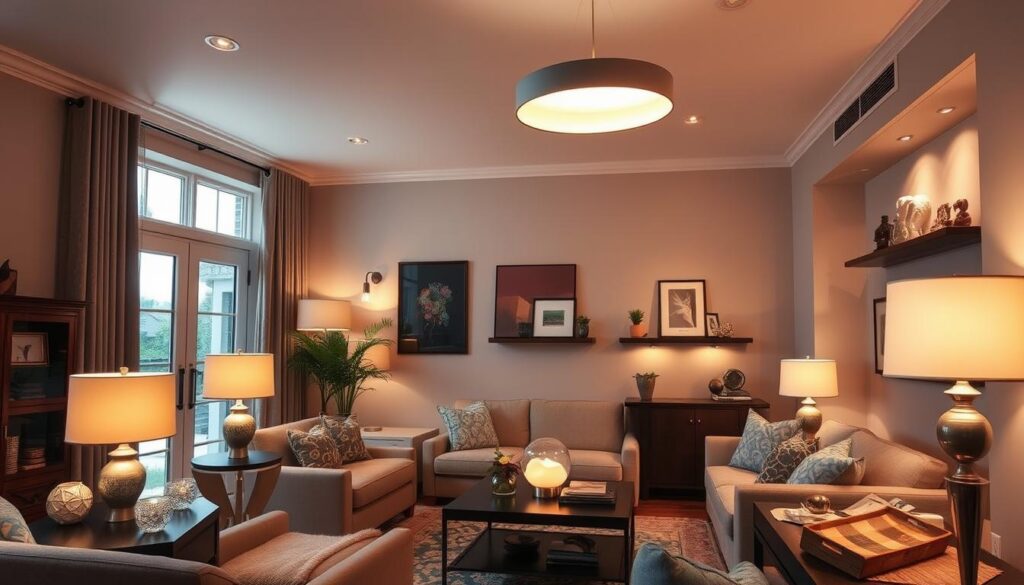 A cozy living room with a warm, inviting atmosphere. Elegant floor lamps and table lamps cast a soft, ambient glow, illuminating plush furniture and decorative accents. Sleek pendant lights hang from the ceiling, creating a modern, stylish ambiance. Subtle accent lighting highlights artistic wall decor and shelves displaying thoughtful knick-knacks. Large windows allow natural light to filter in, blending seamlessly with the carefully curated lighting solutions. The space exudes a sense of comfort and sophistication, perfect for setting the ideal mood.