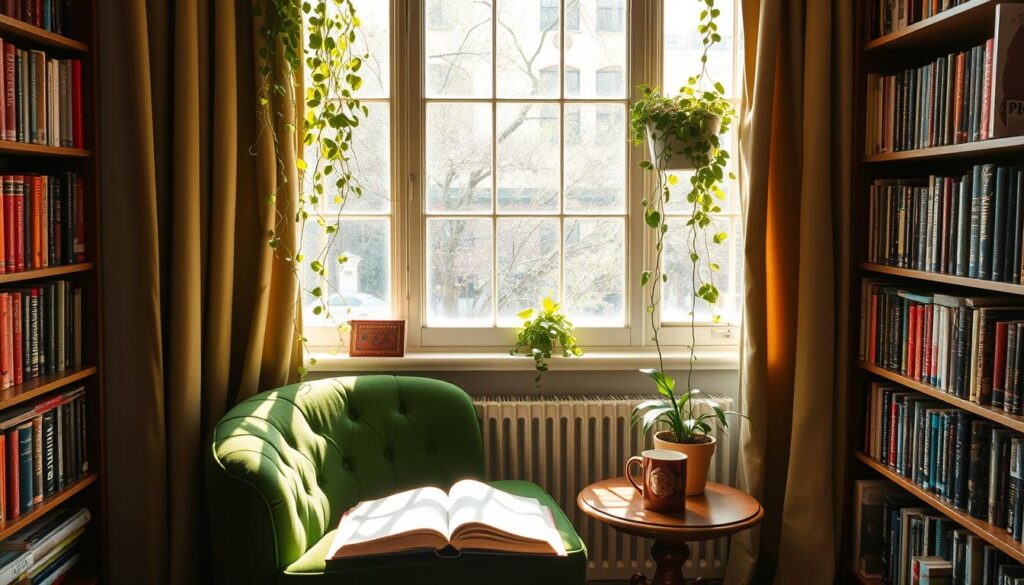 A cozy, sun-drenched reading nook in a charming New York brownstone. Soft lighting filters through the large windows, illuminating a plush armchair upholstered in deep green velvet. A wooden side table holds a steaming mug and an open book. Bookshelves line the walls, their spines creating a vibrant mosaic. Trailing plants cascade from the windowsill, adding a touch of nature. The scene is framed by heavy drapes in a complementary shade, evoking a sense of warmth and refuge from the bustling city outside. A tranquil, inviting space that beckons one to curl up and get lost in the written word.