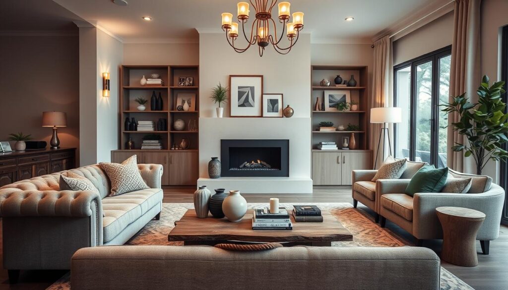 A cozy, well-appointed living room with a mix of classic and modern decor elements. In the foreground, a plush, tufted sofa in a neutral tone sits atop a patterned area rug. Positioned on a rustic wooden coffee table are sculptural vases, candles, and a stack of artfully arranged books. The middle ground features a sleek, minimalist fireplace flanked by built-in shelves displaying a curated collection of decorative objects, plants, and framed artwork. Warm, directional lighting from wall sconces and a statement chandelier casts a soft glow, creating an inviting ambiance. The background showcases large windows that flood the space with natural light, offering a glimpse of lush greenery outside.