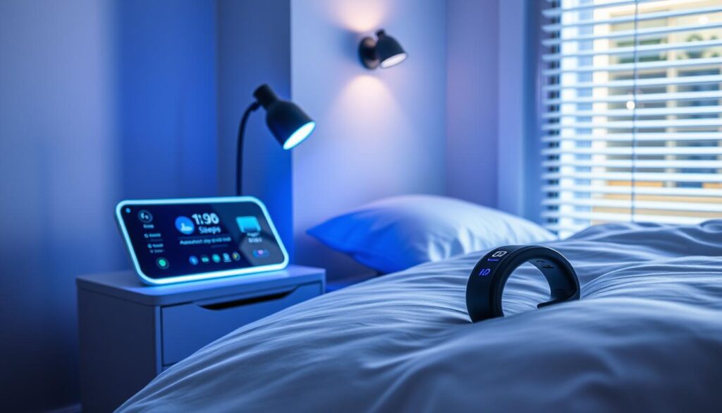 A cozy, well-lit bedroom with a sleek, futuristic-looking nightstand. On the nightstand, a glowing smart display showcases sleep data, ambient lighting controls, and voice assistant integration. Nearby, a high-tech sleep tracker band rests on the plush bedding, monitoring the user's sleep patterns. Subtle mood lighting bathes the room, creating a serene and calming atmosphere. The window provides a glimpse of a smart home's exterior, with automated blinds and connected devices visible. The overall scene conveys the harmonious integration of advanced sleep technology within a modern, comfortable bedroom setting.