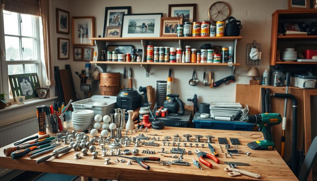 A cozy, well-lit home workspace with an assortment of hardware tools and materials for a home hardware replacement project. In the foreground, a sturdy workbench holds an array of screwdrivers, pliers, and a cordless drill. On the bench, various knobs, hinges, and cabinet pulls are neatly organized. In the middle ground, shelves display an assortment of hardware supplies, including paint cans, caulk, and sandpaper. The background features a wall with a mix of framed art and family photos, creating a personalized, lived-in feel. Soft, diffused lighting from a nearby window casts a warm glow over the scene, evoking a sense of productivity and DIY satisfaction.