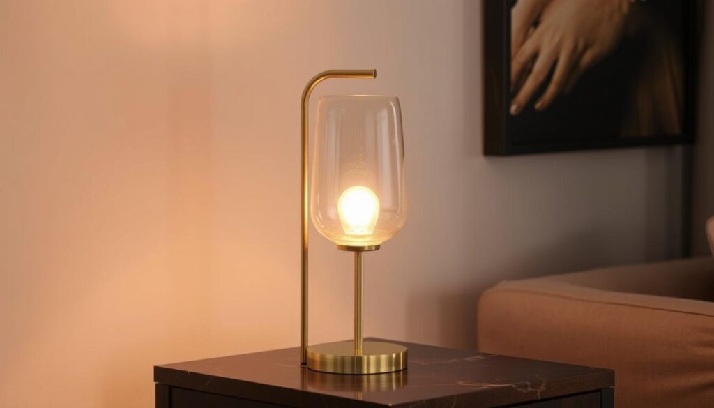 A delicate and elegant table lamp, its slender metal frame supporting a softly glowing glass shade. The lamp emits a warm, ambient light, casting a cozy and inviting glow throughout the room. The base is finished in a polished brass or copper tone, complementing the overall refined and modern aesthetic. Placed on a dark wood or marble side table, the lamp serves as a stunning focal point, elevating the overall atmosphere and creating a harmonious balance between form and function. Minimal yet sophisticated, this lamp effortlessly blends into the surrounding decor, enhancing the overall ambiance of the living space.