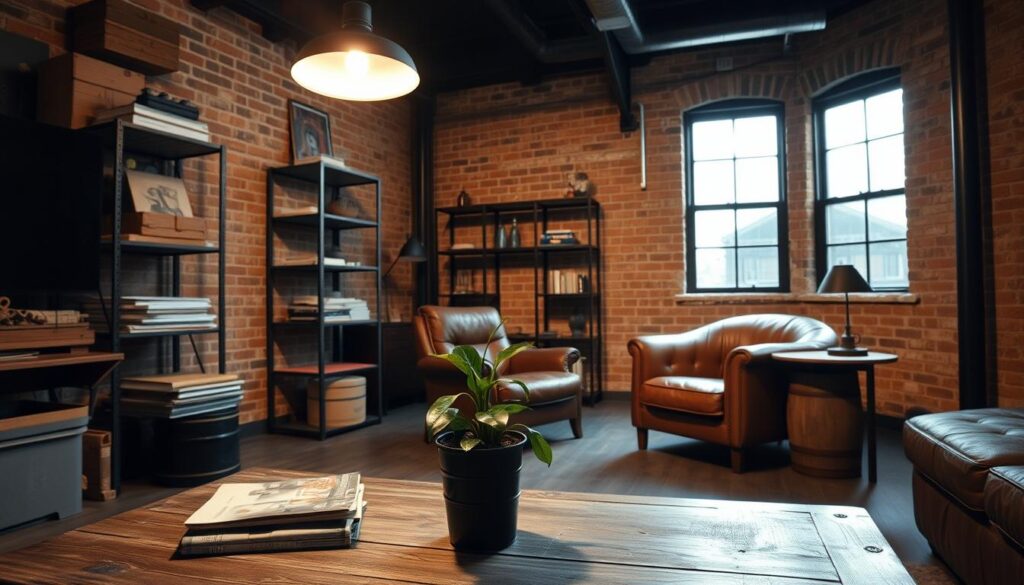 A dimly lit industrial-style loft with exposed brick walls, metal shelving units, and a mix of secondhand furniture pieces. In the foreground, a reclaimed wood coffee table with a potted plant and a stack of vintage magazines. In the middle ground, a worn leather armchair and a side table made from a repurposed oil drum. Overhead, a simple pendant light casts a warm glow, illuminating the space. The overall atmosphere is cozy and inviting, showcasing how industrial elements can be incorporated into a budget-friendly home decor scheme.