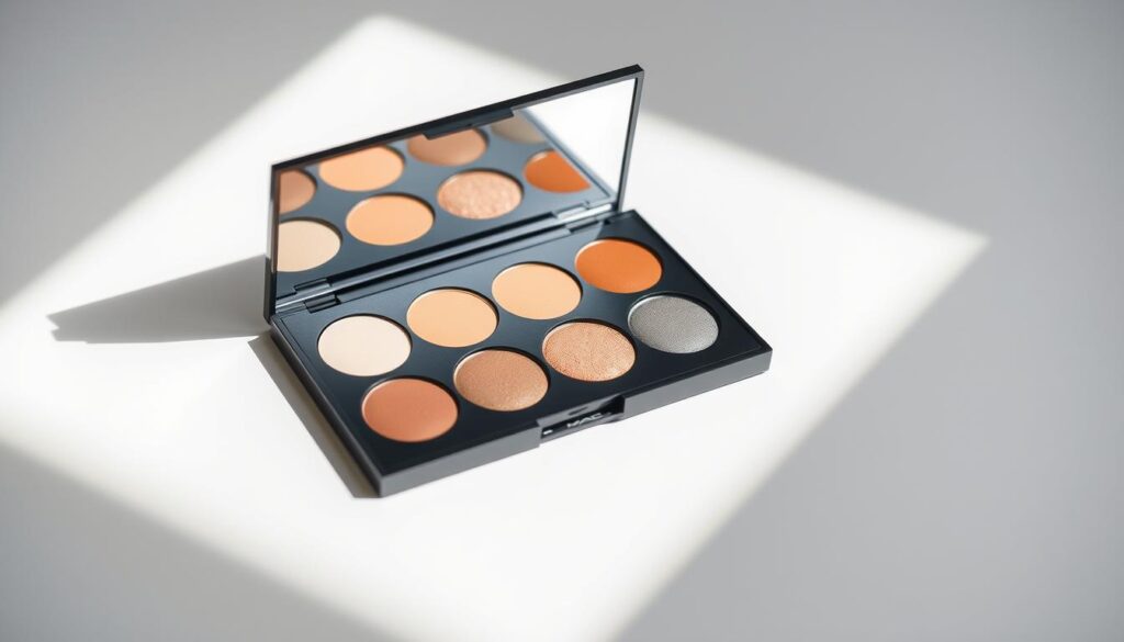 A finely crafted MAC x9 eyeshadow palette rests on a pristine, matte white surface. Soft, directional lighting from the side casts gentle shadows, accentuating the palette's sleek, rectangular form and mirrored surface. The compact is positioned at a slight angle, inviting closer inspection of the neutral, earth-toned eyeshadow pans within. Carefully arranged in three rows of three, the shadows range from warm taupes and soft beiges to cool, smoky greys, all with a satin-smooth, highly pigmented finish. The overall mood is one of modern sophistication and professional-grade makeup artistry.