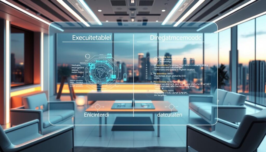 A futuristic office workspace with a holographic display showcasing executable and declarative encoding models. Sleek, minimalist furniture and ambient lighting create a modern, tech-forward atmosphere. In the foreground, a transparent 3D interface reveals the intricate inner workings of the modeling solutions, while in the middle ground, a stylized data visualization illustrates the comparative advantages of each approach. The background features a panoramic view of a high-rise cityscape, conveying a sense of innovation and progress. Crisp, high-resolution rendering with a cinematic depth of field. A futuristic office workspace with a holographic display showcasing executable and declarative encoding models. Sleek, minimalist furniture and ambient lighting create a modern, tech-forward atmosphere. In the foreground, a transparent 3D interface reveals the intricate inner workings of the modeling solutions, while in the middle ground, a stylized data visualization illustrates the comparative advantages of each approach. The background features a panoramic view of a high-rise cityscape, conveying a sense of innovation and progress. Crisp, high-resolution rendering with a cinematic depth of field.