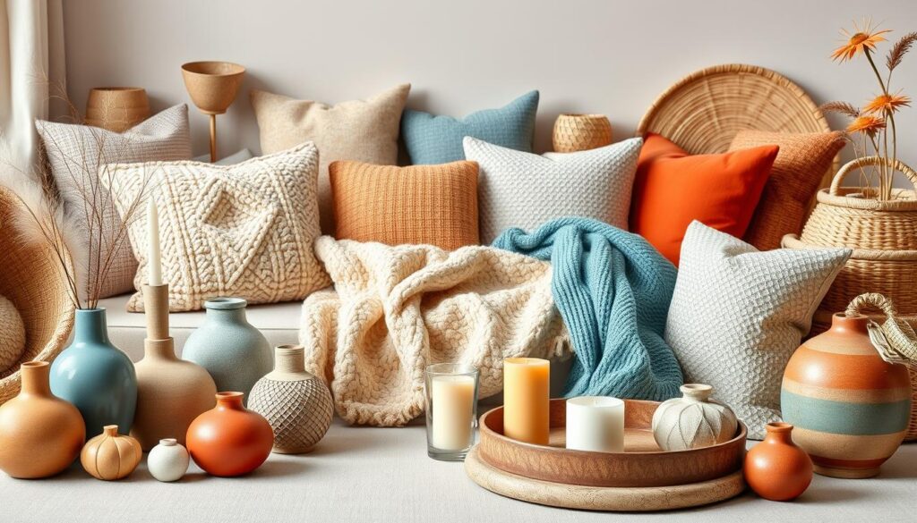 A harmonious arrangement of vibrant home decor accessories artfully displayed on a neutral background. In the foreground, an assortment of decorative vases, candles, and textured trays in a color palette of earthy neutrals, calming blues, and pops of warm reds and oranges. The middle ground features plush throws, patterned pillows, and woven baskets, creating a cozy, inviting atmosphere. Soft, diffused lighting casts a gentle glow, highlighting the textures and tones. The overall scene evokes a sense of effortless style and a fresh, rejuvenating color refresh for the home.