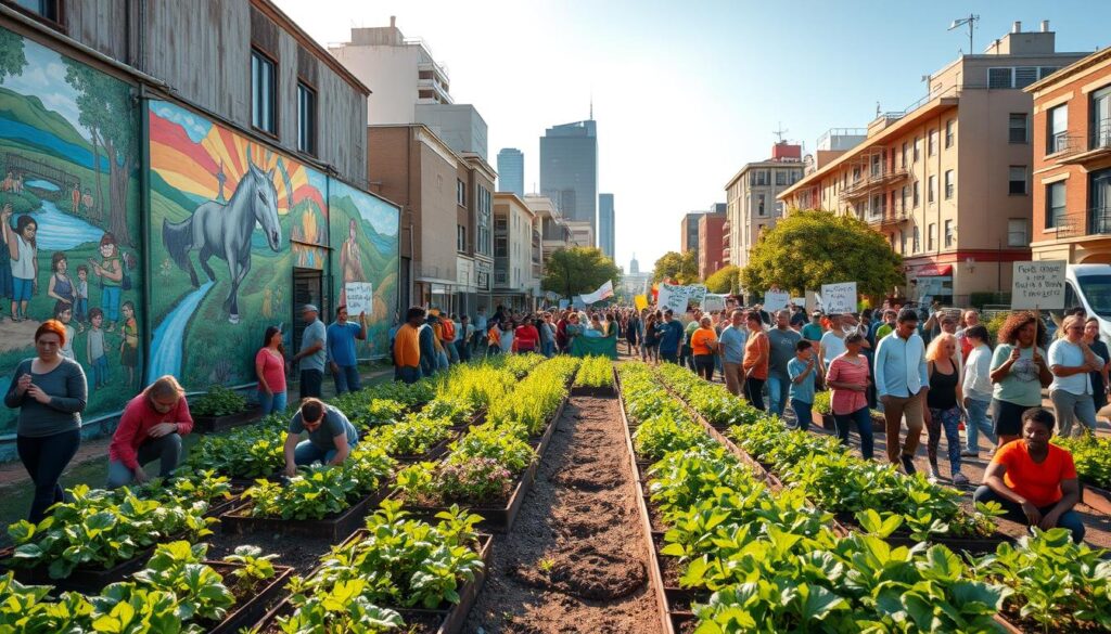 A lively community garden set against a backdrop of vibrant urban landscapes. In the foreground, diverse groups of people work together, planting seedlings and tending to lush vegetable beds. The middle ground showcases colorful murals adorning the walls, depicting scenes of environmental activism and sustainability. Warm, natural lighting casts a soft glow, highlighting the collaboration and enthusiasm of the participants. In the distance, a peaceful protest march winds through the streets, banners and placards raised, echoing the community's commitment to sustainable change. The overall atmosphere conveys a sense of empowerment, unity, and a shared vision for a greener, more sustainable future.