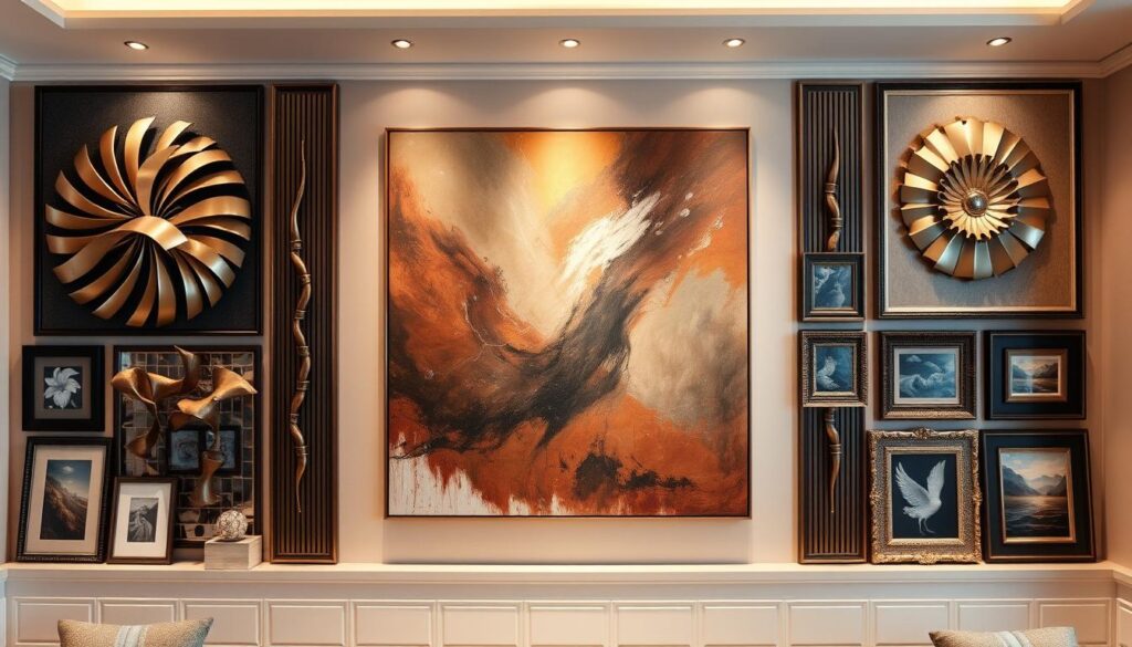 A luxurious gallery wall featuring a curated collection of large, statement art pieces with diverse styles and mediums. The centerpiece is a dramatic, abstract oil painting with bold, sweeping brushstrokes in a rich, earthy color palette. Flanking it are sculptural, metallic wall hangings that catch the light, creating mesmerizing shadows and reflections. The arrangement is completed by a few smaller, framed artworks in a mix of ornate and minimalist frames, artfully positioned to create visual balance and interest. The gallery is illuminated by warm, directional lighting from hidden sources, casting a soft, inviting glow over the entire scene. A luxurious gallery wall featuring a curated collection of large, statement art pieces with diverse styles and mediums. The centerpiece is a dramatic, abstract oil painting with bold, sweeping brushstrokes in a rich, earthy color palette. Flanking it are sculptural, metallic wall hangings that catch the light, creating mesmerizing shadows and reflections. The arrangement is completed by a few smaller, framed artworks in a mix of ornate and minimalist frames, artfully positioned to create visual balance and interest. The gallery is illuminated by warm, directional lighting from hidden sources, casting a soft, inviting glow over the entire scene.