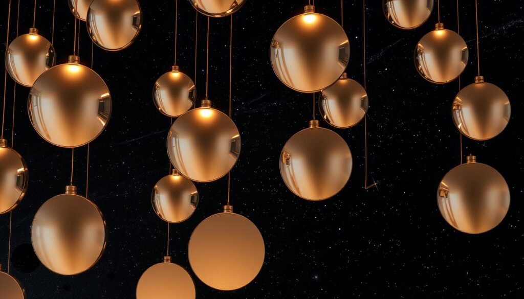 A meticulously crafted display of mirrors, set against a vast cosmic backdrop. Iridescent, reflective surfaces arranged in a captivating celestial pattern, casting mesmerizing light and shadow play. The mirrors are suspended in a minimalist, yet striking configuration, creating an illusion of depth and infinity. Warm, diffused lighting from hidden sources accentuates the mirrors' lustrous qualities, while the dark, star-speckled expanse of space in the background evokes a sense of wonder and tranquility. Elegant, high-contrast composition with clean lines and a refined, gallery-worthy aesthetic, perfect for elevating any wall decor.