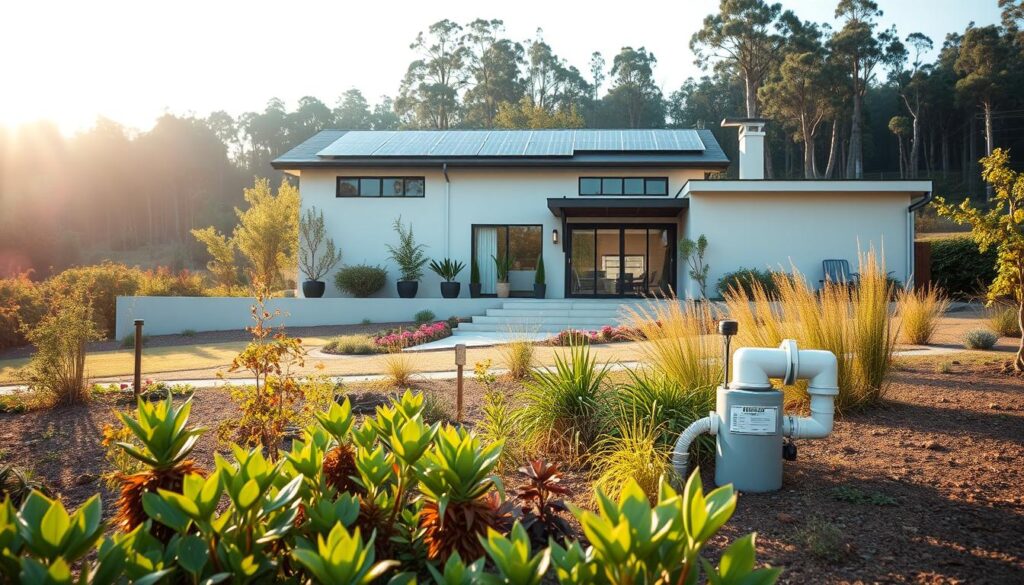 A minimalist, contemporary home with a well-designed water conservation system. In the foreground, a lush garden with drought-resistant plants, a rainwater harvesting system, and a greywater recycling unit. In the middle ground, the home's exterior features eco-friendly materials, solar panels, and strategically placed windows for natural ventilation. The background showcases a tranquil, wooded landscape, with the sun's warm rays casting a soft, natural light over the scene. The overall atmosphere conveys a sense of harmony between the built environment and the natural world, embodying the principles of sustainable living.