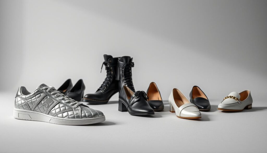 A minimalist still life showcasing a diverse array of high-fashion footwear collaborations. In the foreground, a pair of sleek, metallic sneakers with intricate geometric patterns, a testament to the fusion of sportswear and luxury. Beside them, a pair of chunky, studded boots that blend industrial chic with high-end design. In the middle ground, a selection of elegant pumps and loafers, their materials and silhouettes blending seamlessly. The background is a muted, monochromatic palette, allowing the footwear to take center stage and shine. The lighting is soft and diffused, creating a sense of depth and highlighting the materials and textures of each piece. The overall composition is clean, sophisticated, and visually captivating, capturing the essence of "Footwear Collaborations Walking Tall". A minimalist still life showcasing a diverse array of high-fashion footwear collaborations. In the foreground, a pair of sleek, metallic sneakers with intricate geometric patterns, a testament to the fusion of sportswear and luxury. Beside them, a pair of chunky, studded boots that blend industrial chic with high-end design. In the middle ground, a selection of elegant pumps and loafers, their materials and silhouettes blending seamlessly. The background is a muted, monochromatic palette, allowing the footwear to take center stage and shine. The lighting is soft and diffused, creating a sense of depth and highlighting the materials and textures of each piece. The overall composition is clean, sophisticated, and visually captivating, capturing the essence of "Footwear Collaborations Walking Tall".