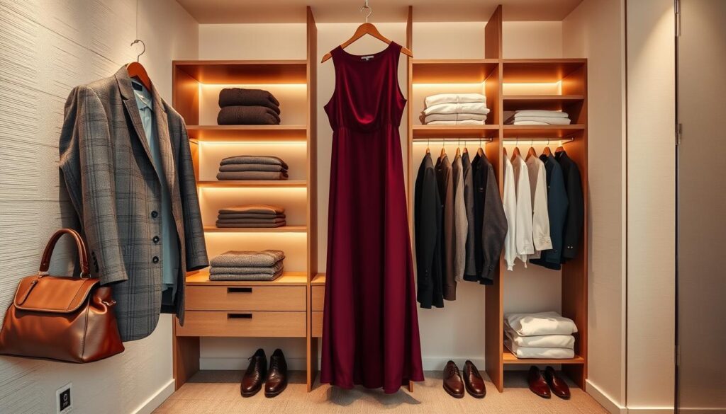A modern and elegant wardrobe exuding refined sophistication. The foreground features high-end garments, from a tailored gray suit jacket to a flowing silk dress in a rich burgundy. Accessories like a leather handbag and polished leather shoes complement the ensemble. The middle ground showcases minimalist wooden shelves displaying neatly folded knitwear and crisp white shirts. Indirect lighting casts a warm, inviting glow, while the background features clean white walls and subtle textured accents, creating an atmosphere of understated luxury. The overall scene conveys a sense of timeless elegance and effortless style.
