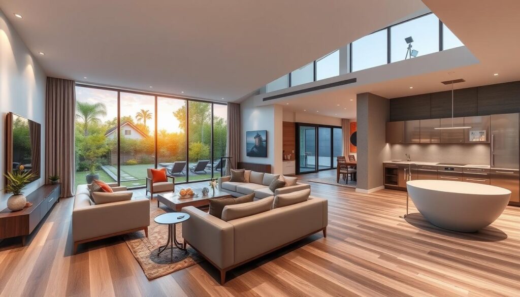 A modern, well-designed living room with sleek, minimalist furniture and clean lines. A large, panoramic window floods the space with natural light, offering a breathtaking view of a tranquil garden. Subtle pops of color in the form of artwork and accent pieces add visual interest. The room is bathed in a warm, inviting glow from strategically placed, recessed lighting. An open-concept layout seamlessly transitions to a contemporary kitchen with gleaming, stainless-steel appliances and a central island. Upstairs, a master bedroom features a plush, king-size bed and a luxurious en-suite bathroom with a freestanding tub and rainfall shower. Throughout the home, a harmonious blend of textures, such as wood, stone, and glass, creates a cohesive, sophisticated aesthetic.
