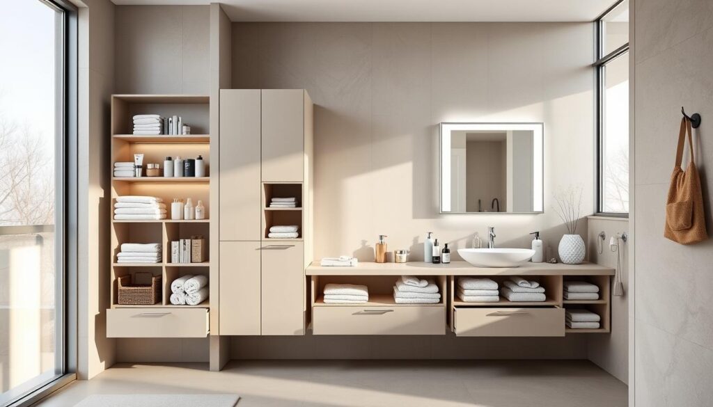 A modern, well-organized bathroom interior with a sleek, minimalist aesthetic. The foreground features various storage solutions such as wall-mounted shelves, modular cabinets, and a vanity with built-in drawers. Neatly arranged toiletries, towels, and other bathroom essentials populate the shelves and drawers. The middle ground showcases a large mirror with integrated lighting, complementing the clean, bright atmosphere. The background depicts neutral-toned tiles, complemented by natural light filtering through a large window, creating a sense of openness and tranquility. The overall scene conveys a harmonious, functional, and visually appealing bathroom space optimized for storage and organization.
