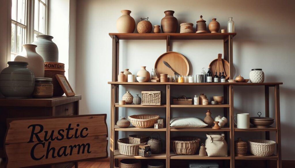 A rustic wooden shelving unit stands in a cozy, well-lit room, displaying an array of high-quality products. Handcrafted ceramic vases, woven baskets, and artisanal candles create a warm, inviting ambiance. Soft natural lighting filters through a nearby window, casting a gentle glow across the selection. In the foreground, a vintage-inspired sign reads "Rustic Charm" in a charming script, complementing the overall aesthetic. The middle ground showcases a diverse range of textured, earthy-toned goods, each piece radiating a sense of craftsmanship and authenticity. In the background, a simple, uncluttered wall provides a clean, minimalist backdrop, allowing the products to take center stage.