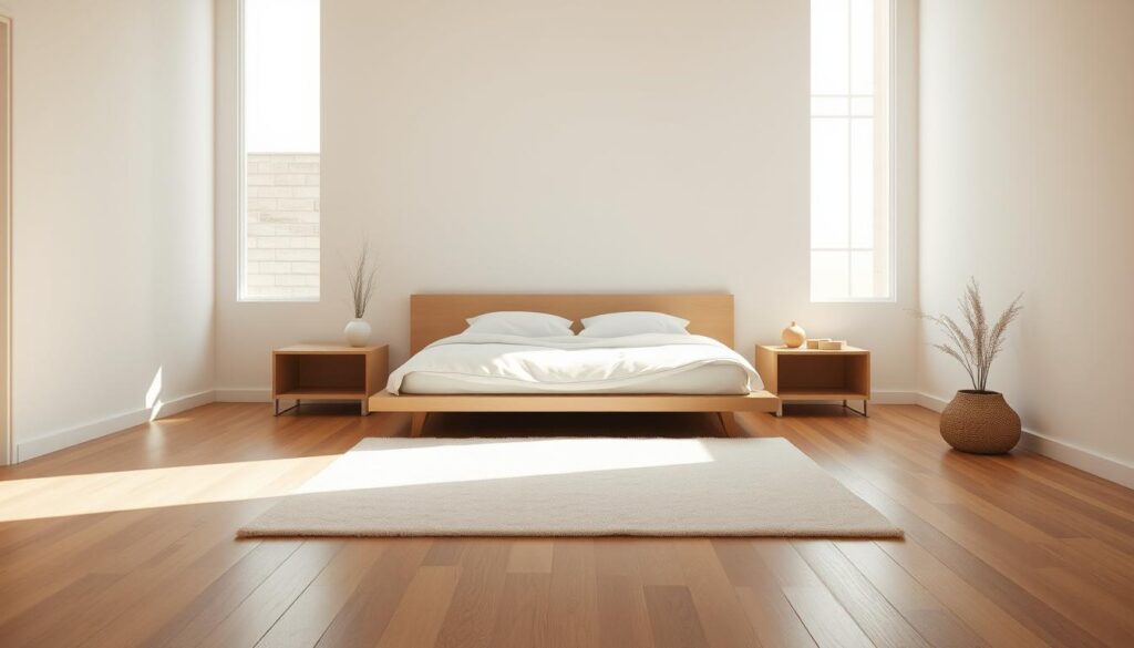 A serene minimalist bedroom bathed in soft, warm lighting. A low platform bed with crisp white linens takes center stage, flanked by simple nightstands. Smooth wooden floors extend to the edges, punctuated by a plush area rug. Tall, slender windows allow natural light to flood the space, casting gentle shadows. Pale, neutral walls create a calming, uncluttered backdrop. Subtle textures, like a woven basket or a potted plant, add visual interest without disrupting the tranquil atmosphere. The overall impression is one of rest, relaxation, and restorative sleep.