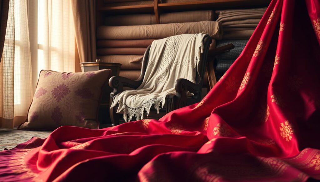 A serene tableau of traditional textiles and fabrics in a timeless, elegant setting. In the foreground, an exquisite silk sari in deep crimson hues, its intricate gold embroidery gleaming in soft, warm lighting. Alongside, a plush, velvety cushion in a rich, jewel-toned palette. In the middle ground, a delicate lace shawl drapes gracefully over a carved, wooden armchair. In the background, bolts of fine, hand-woven fabrics in earthy tones and intricate patterns evoke the essence of time-honored craftsmanship. The overall scene radiates a sense of refined sophistication and enduring beauty, capturing the timeless elegance of traditional textiles and fabrics.