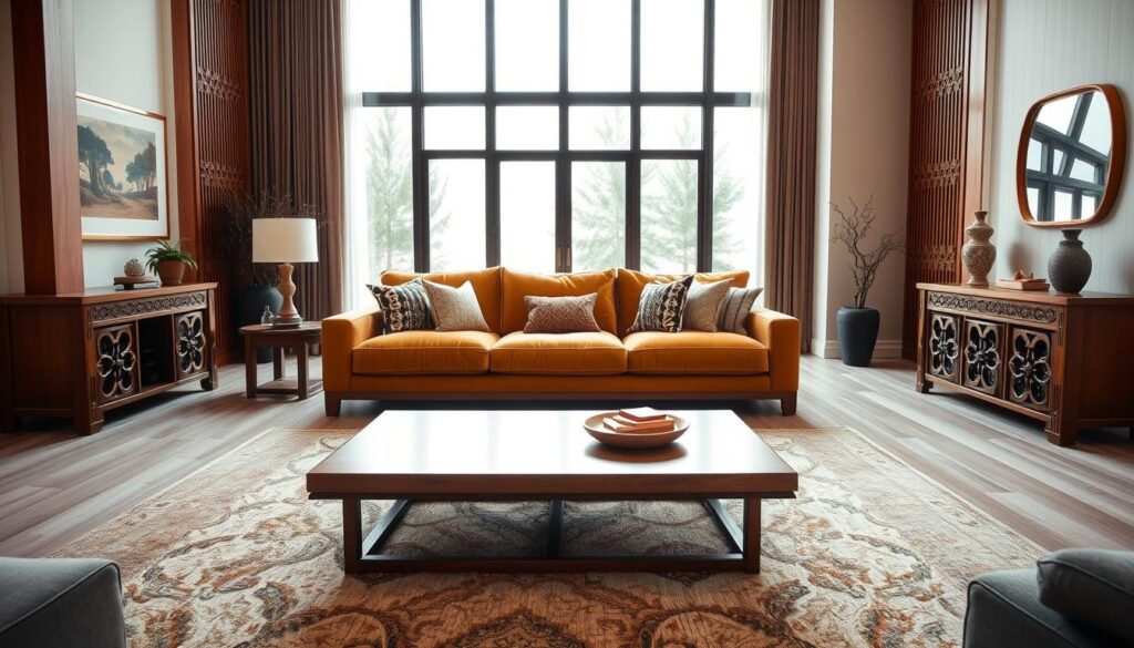 A spacious and inviting living room with expertly crafted wooden furniture. A large, plush sofa in a warm, earthy tone takes center stage, complemented by a sleek, modern coffee table with clean lines. In the background, a floor-to-ceiling window floods the space with natural light, casting a soft glow on the room. Decorative throw pillows and a cozy area rug add layers of texture and depth. A wooden console table with intricate carvings stands against the wall, displaying artfully arranged decor pieces. The overall atmosphere is one of sophistication, comfort, and a seamless integration of form and function. A spacious and inviting living room with expertly crafted wooden furniture. A large, plush sofa in a warm, earthy tone takes center stage, complemented by a sleek, modern coffee table with clean lines. In the background, a floor-to-ceiling window floods the space with natural light, casting a soft glow on the room. Decorative throw pillows and a cozy area rug add layers of texture and depth. A wooden console table with intricate carvings stands against the wall, displaying artfully arranged decor pieces. The overall atmosphere is one of sophistication, comfort, and a seamless integration of form and function.
