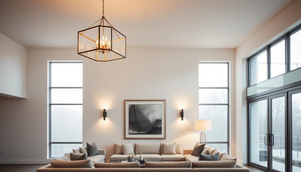 A spacious, well-lit living room with a carefully curated collection of statement lighting fixtures. The centerpiece is a modern, geometric chandelier that casts a warm, ambient glow, complemented by a pair of sleek, minimalist wall sconces flanking a large, framed artwork. The room's neutral color palette and clean lines create a sense of balance, allowing the lighting to shine without overwhelming the space. Soft, diffused natural light filters in through large, unobstructed windows, adding depth and dimension to the scene. The overall atmosphere is one of sophistication and tranquility, demonstrating how statement lighting can be seamlessly integrated into a harmonious, visually-appealing home interior. A spacious, well-lit living room with a carefully curated collection of statement lighting fixtures. The centerpiece is a modern, geometric chandelier that casts a warm, ambient glow, complemented by a pair of sleek, minimalist wall sconces flanking a large, framed artwork. The room's neutral color palette and clean lines create a sense of balance, allowing the lighting to shine without overwhelming the space. Soft, diffused natural light filters in through large, unobstructed windows, adding depth and dimension to the scene. The overall atmosphere is one of sophistication and tranquility, demonstrating how statement lighting can be seamlessly integrated into a harmonious, visually-appealing home interior.