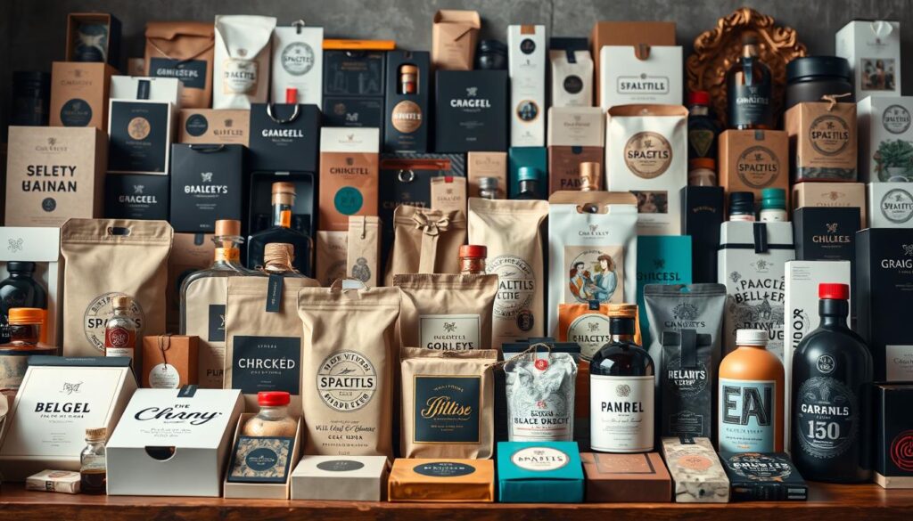 A striking arrangement of various packaging designs, meticulously crafted to captivate and inspire. In the foreground, an assortment of modern, minimalist packaging showcases bold typography, geometric patterns, and a sophisticated color palette. In the middle ground, vintage-inspired labels and hand-drawn illustrations add a touch of artisanal flair. The background features a diverse collection of packaging, from sleek and contemporary to whimsical and playful, all bathed in soft, directional lighting that highlights the intricate details and textures. The overall mood is one of creative excitement, inviting the viewer to explore the boundless possibilities of packaging and branding design. A striking arrangement of various packaging designs, meticulously crafted to captivate and inspire. In the foreground, an assortment of modern, minimalist packaging showcases bold typography, geometric patterns, and a sophisticated color palette. In the middle ground, vintage-inspired labels and hand-drawn illustrations add a touch of artisanal flair. The background features a diverse collection of packaging, from sleek and contemporary to whimsical and playful, all bathed in soft, directional lighting that highlights the intricate details and textures. The overall mood is one of creative excitement, inviting the viewer to explore the boundless possibilities of packaging and branding design.