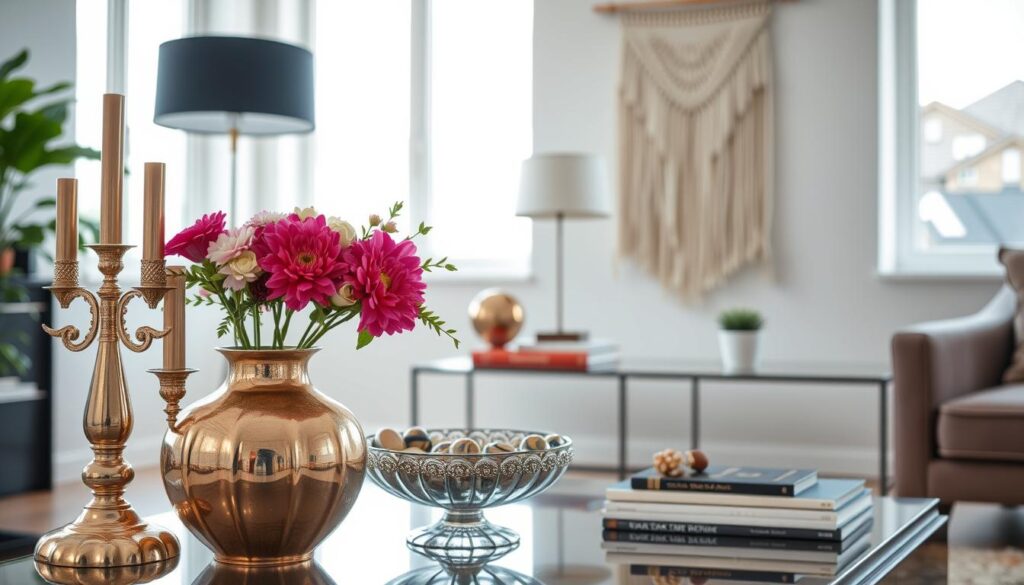 A stylish arrangement of decorative accents and accessories, artfully displayed in a well-lit, spacious room with natural light streaming in from large windows. The foreground features an elegant vase filled with lush, vibrant floral arrangements, complemented by a set of gleaming metallic candlesticks and a decorative bowl showcasing an assortment of ornate trinkets. In the middle ground, a sleek, modern side table supports a stack of carefully curated coffee table books, a statement lamp, and a small potted plant. The background showcases a minimalist, contemporary wall hanging or piece of art, adding a touch of refined elegance to the overall scene. The overall mood is one of refined sophistication, inviting the viewer to imagine how these decorative elements could enhance the ambiance of any home or office space.
