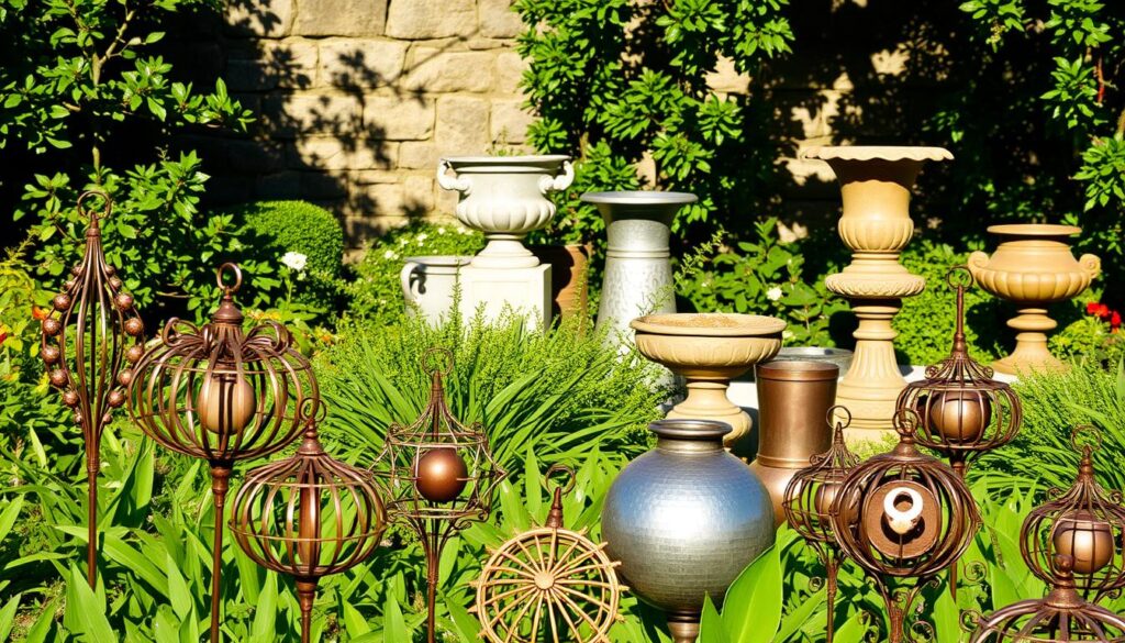 A verdant garden setting with a centerpiece display of durable outdoor metal decorations. In the foreground, various metal sculptures and ornaments in intricate geometric designs glisten under warm, natural lighting. In the middle ground, a collection of weathered metal planters and urns in muted hues complement the vibrant greenery. The background features a stone wall or fence, casting soft shadows that add depth and atmosphere to the serene, timeless composition. The overall scene conveys a sense of elegance, permanence, and harmonious integration with the natural landscape.