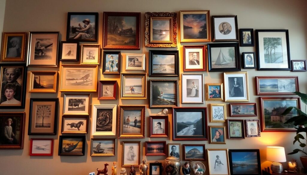 A vibrant and eclectic gallery wall, featuring an assortment of framed paintings, drawings, photographs, and decorative objects. The arrangement is asymmetrical, with pieces of varying sizes and styles clustered together in a visually compelling manner. The wall is a neutral color, allowing the artwork and collectibles to take center stage. Warm, directional lighting casts a cozy glow, highlighting the textures and details of the displayed items. Shadows and highlights create depth and dimension, adding to the overall sense of artistry and personal expression. The gallery wall reflects the homeowner's unique tastes and diverse interests, creating a visually captivating and visually stimulating focal point.