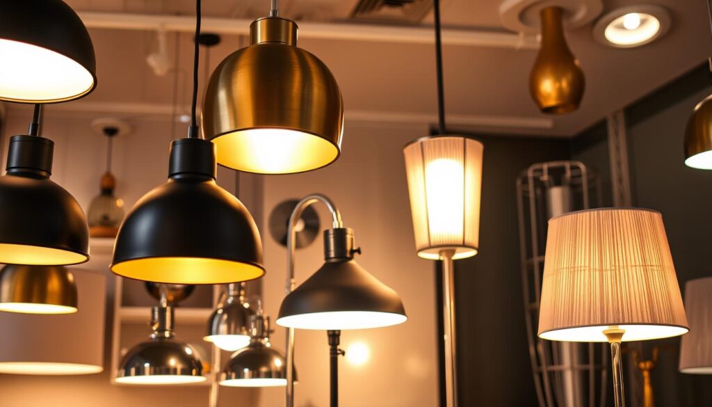 A vibrant and well-lit scene showcasing a variety of modern lighting fixtures and finishes. In the foreground, sleek pendant lamps with minimalist silhouettes in matte black and brushed brass hang from the ceiling, casting a warm, ambient glow. In the middle ground, floor lamps with tapered shades in polished chrome and muted gray tones stand tall, illuminating the space with a soft, diffused light. The background features a wall-mounted sconce with a radiant, gold-tinted glass shade, as well as a ceiling-mounted recessed light that emits a crisp, focused beam. The overall composition highlights the interplay of diverse lighting styles, textures, and finishes, creating a harmonious and visually striking display.