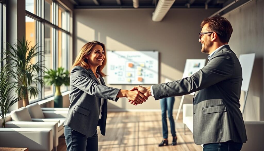 A vibrant, dynamic scene of client partnership and collaboration. In the foreground, two business professionals enthusiastically shake hands, their expressions conveying a sense of mutual trust and shared purpose. The middle ground features a modern, minimalist office setting, with sleek furniture and large windows bathing the space in warm, natural light. In the background, a whiteboard displays colorful diagrams and notes, hinting at the creative problem-solving taking place. The overall atmosphere is one of energy, innovation, and a shared commitment to driving success through effective teamwork.