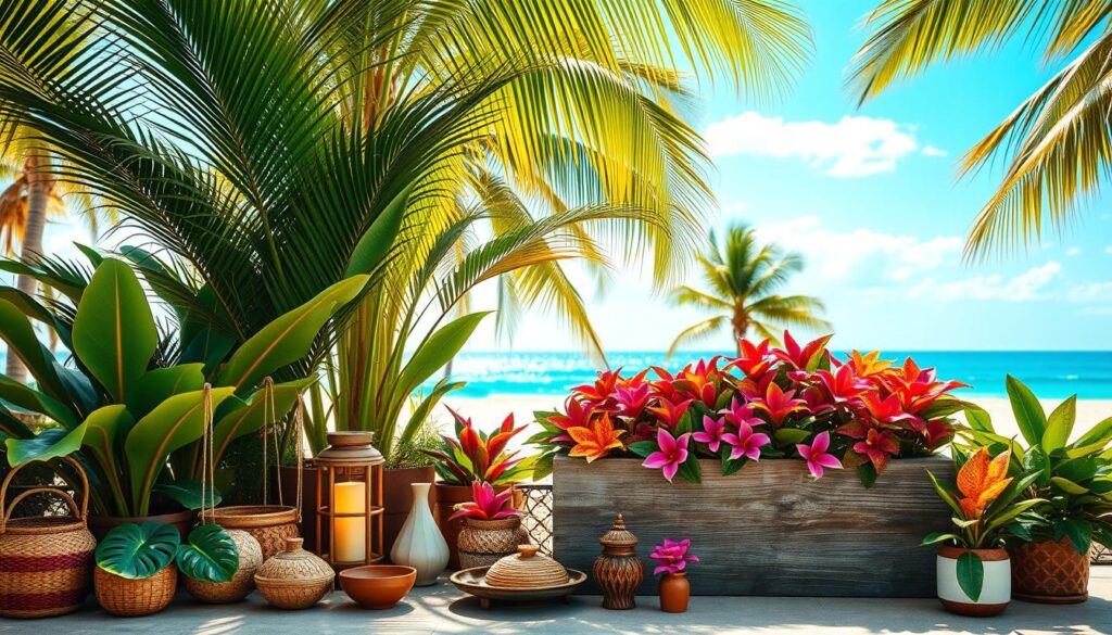 A vibrant tropical-themed vignette set against a sun-drenched beach backdrop. In the foreground, an assortment of lush potted plants, including tall palm fronds, large-leafed monstera, and colorful bromeliads. Scattered among them, an array of decorative items - woven baskets, ceramic trinket dishes, and a bamboo lantern casting a warm glow. In the middle ground, a weathered wooden planter box overflows with tropical blooms in shades of pink, orange, and purple. The background features a tranquil ocean view, with gently swaying palm trees silhouetted against a brilliant azure sky. The overall scene evokes a sense of relaxation and island-inspired ambiance.