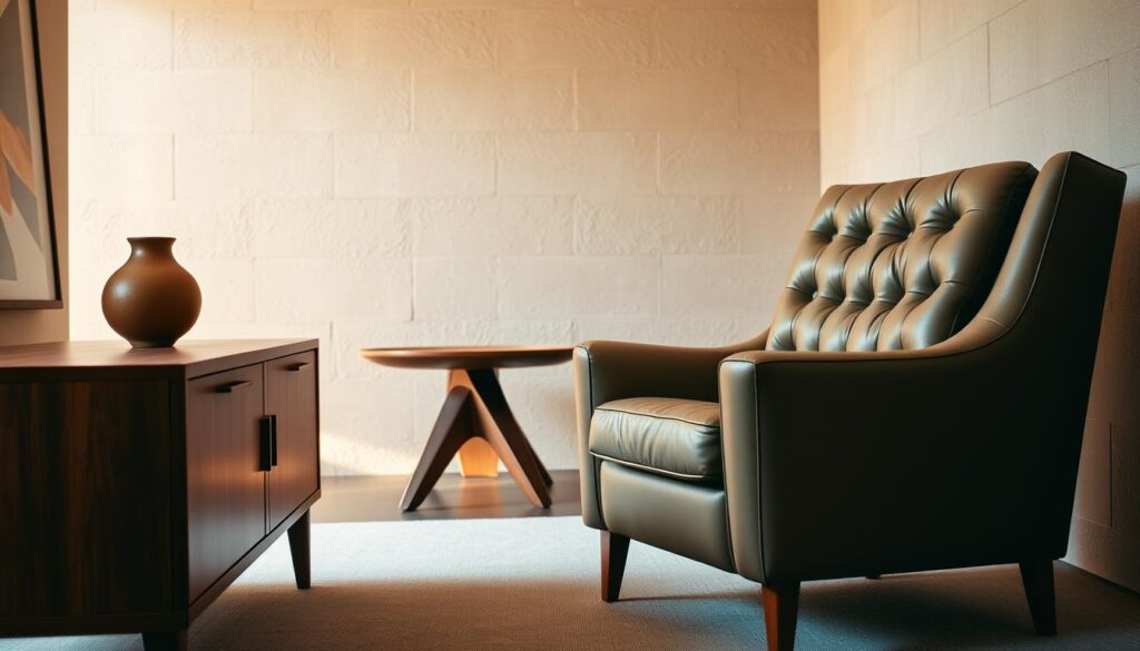 A well-crafted mid-century modern interior, bathed in warm, directional lighting that accentuates the rich textures and intricate craftsmanship of the furniture. In the foreground, a sleek teak wood credenza with tapered legs and smooth, sculpted drawers. Beside it, a plush, button-tufted leather armchair in a muted olive hue, its supple hide showcasing the expert stitching. In the middle ground, a walnut side table with an organic, fluid shape, its grain visible under a glossy finish. The background features a textured stucco wall, adding depth and a sense of understated elegance to the scene.