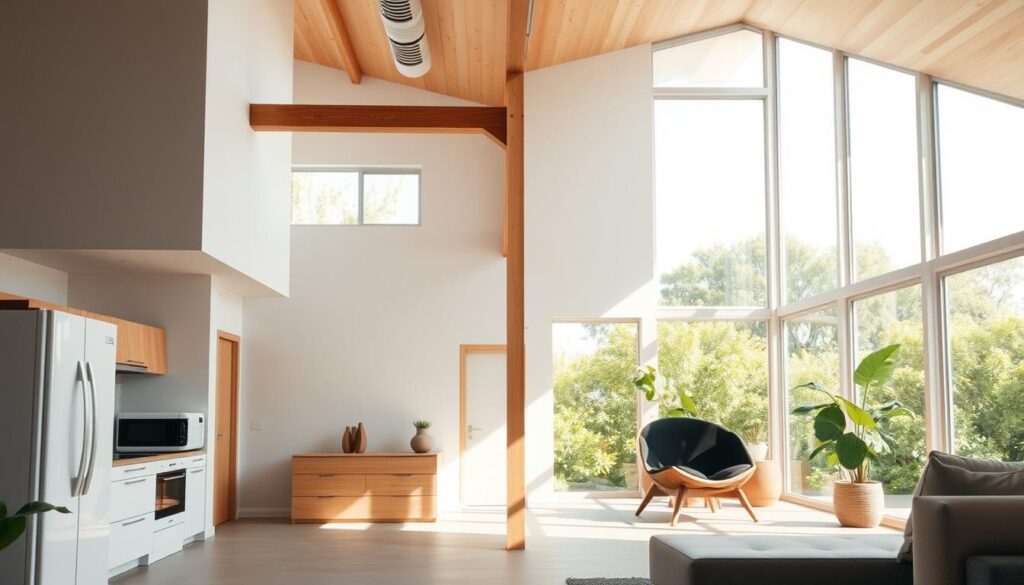 A well-lit, airy interior showcasing sustainable construction materials. The foreground features a large window with abundant natural light, offering a glimpse of a lush, verdant outdoor landscape. In the middle ground, a clean, minimalist space with sleek, energy-efficient appliances and furniture made from recycled or reclaimed materials. The background reveals high ceilings, exposed wooden beams, and a ventilation system that promotes optimal air circulation and indoor air quality. The overall atmosphere is calm, serene, and inviting, conveying a sense of health, comfort, and environmental responsibility. A well-lit, airy interior showcasing sustainable construction materials. The foreground features a large window with abundant natural light, offering a glimpse of a lush, verdant outdoor landscape. In the middle ground, a clean, minimalist space with sleek, energy-efficient appliances and furniture made from recycled or reclaimed materials. The background reveals high ceilings, exposed wooden beams, and a ventilation system that promotes optimal air circulation and indoor air quality. The overall atmosphere is calm, serene, and inviting, conveying a sense of health, comfort, and environmental responsibility.