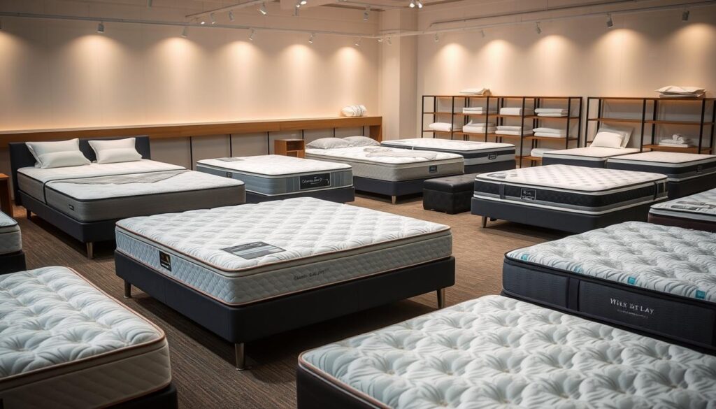 A well-lit furniture showroom displaying an assortment of high-quality mattresses in a variety of sizes, materials, and firmness levels. The mattresses are positioned on platforms or raised display beds, allowing viewers to closely examine the construction and features. The scene has a warm, inviting atmosphere, with soft lighting accentuating the texture and details of the mattresses. The background features minimalist shelving or display racks showcasing complementary bedding options such as pillows, sheets, and blankets. The overall composition conveys a sense of professionalism, comfort, and thoughtful selection, reflecting the "Quality Furniture Selection and Mattress Options" theme.