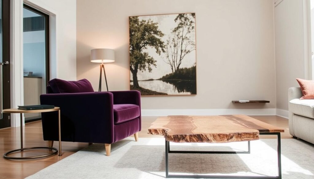 A well-lit, modern living room showcasing a variety of budget-friendly statement piece options. In the foreground, a sleek and minimalist metal-framed coffee table with a rustic wood top. Beside it, a plush, velvet armchair in a rich, jewel-toned hue. In the middle ground, a striking floor lamp with an industrial-inspired design casts a warm, ambient glow. The background features a neutral-toned accent wall, with a large, abstract canvas painting providing a focal point. The overall atmosphere is one of understated elegance and sophistication, demonstrating how thoughtfully chosen, affordable pieces can elevate a space.
