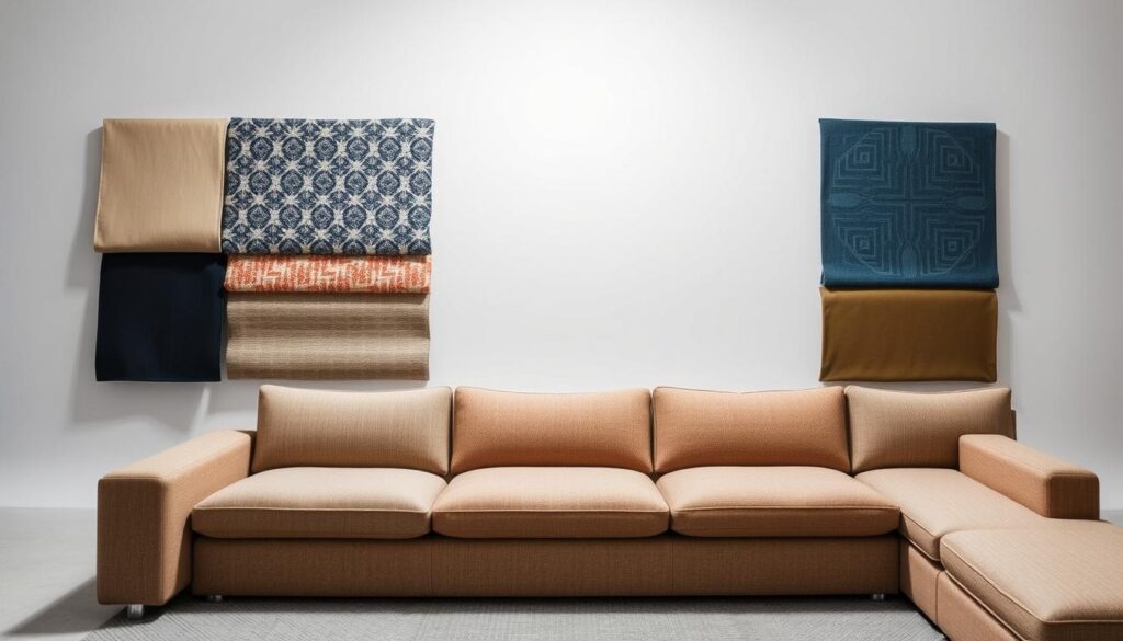 A well-lit, studio-style setup showcasing an assortment of customizable modular sofa fabric swatches. The swatches are arranged in an organized grid, each one displaying a distinct pattern, texture, and color. The fabrics range from classic solids to modern abstracts, offering a diverse palette for personalization. The lighting is soft and diffused, accentuating the rich hues and subtle nuances of the materials. The background is a clean, neutral-toned backdrop, allowing the fabrics to take center stage. The camera angle is slightly elevated, providing a comprehensive view of the customization options available for a modular sofa design.