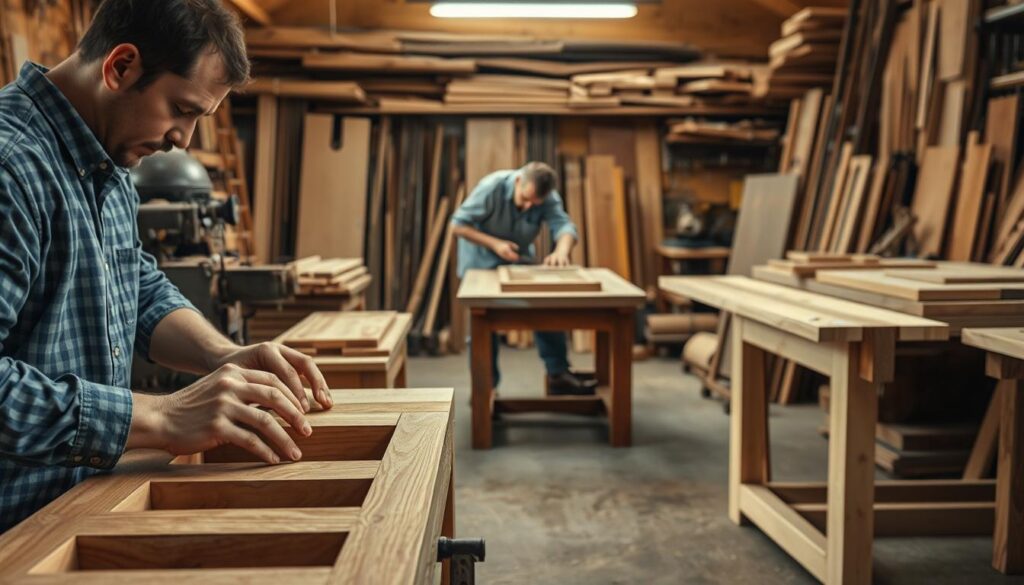A workshop filled with hand tools, machinery, and artisans crafting bespoke furniture. In the foreground, skilled hands carefully shape and join wood, creating the foundation of a custom piece. In the middle ground, a woodworker meticulously sands a tabletop, refining the surface. The background features a variety of raw materials, from lumber to polished hardware, waiting to be transformed. Warm, focused lighting casts shadows that accentuate the textures and processes. A sense of dedication, precision, and the gradual evolution of a unique, personalized design permeates the scene.