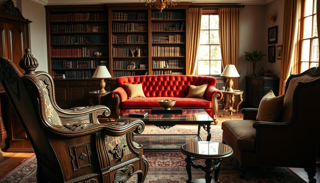 An elegant living room, bathed in warm, natural light from large windows. In the foreground, a beautifully crafted antique wooden armchair, its ornate carvings and worn patina speaking of its history. Beside it, a sleek, modern glass-topped coffee table, creating a harmonious contrast. In the middle ground, a plush, tufted velvet sofa in a rich, jewel-toned hue, blending the old and the new. Flanking the sofa, a pair of vintage side tables, their intricate designs a testament to the skilled craftsmanship of a bygone era. The background features a stately bookshelf, its shelves displaying a curated collection of leather-bound volumes and personal mementos, adding depth and character to the space.