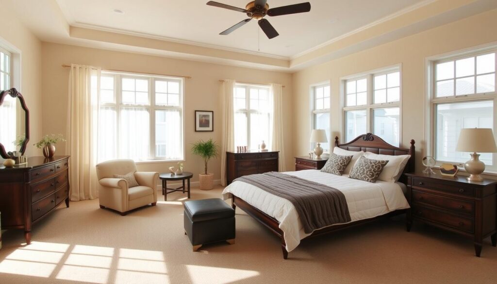 Detailed bedroom interior with a neatly arranged furniture layout, showcasing optimal sight lines and flow. Wide-angle lens captures the spacious and well-lit room, with soft, diffused daylight streaming through large windows. Strategically placed armchair, side table, and bed create an inviting conversation area, while the dresser and nightstands are positioned to enable effortless movement around the space. The overall atmosphere is calm, serene, and conducive to relaxation, reflecting the "Practical Room Layout Strategies" theme. Detailed bedroom interior with a neatly arranged furniture layout, showcasing optimal sight lines and flow. Wide-angle lens captures the spacious and well-lit room, with soft, diffused daylight streaming through large windows. Strategically placed armchair, side table, and bed create an inviting conversation area, while the dresser and nightstands are positioned to enable effortless movement around the space. The overall atmosphere is calm, serene, and conducive to relaxation, reflecting the "Practical Room Layout Strategies" theme.