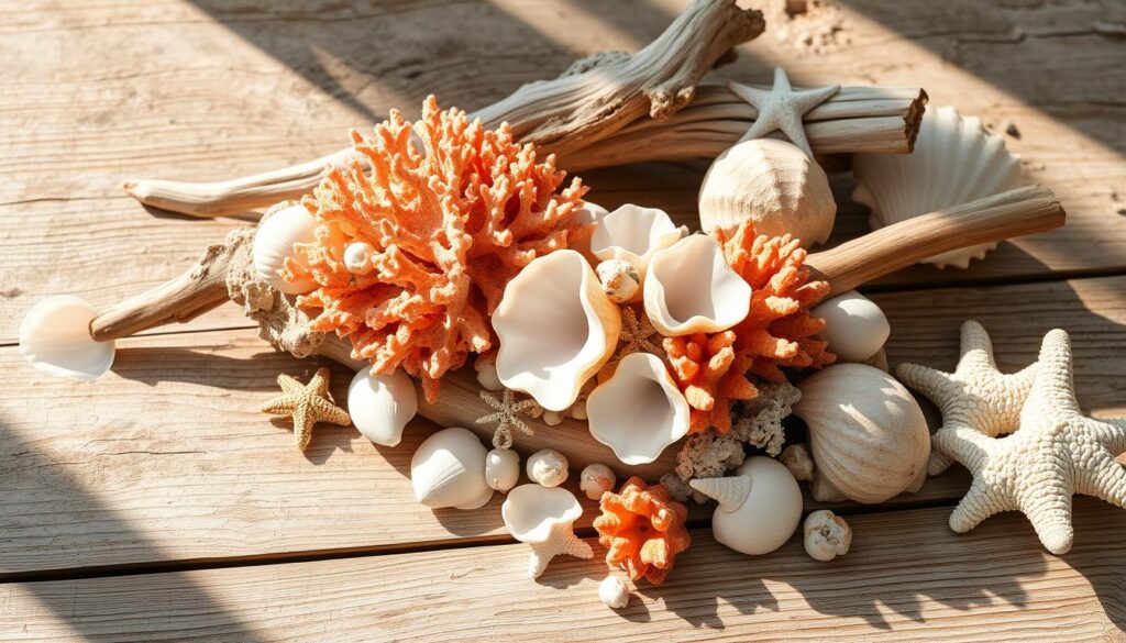 Driftwood and seashells artfully arranged on a sun-dappled wooden table, surrounded by delicate coral formations in shades of pink, orange and white. The natural textures and earthy tones create a serene, coastal vibe. Soft, diffused lighting casts gentle shadows, highlighting the organic curves and intricate details of the display. The overall composition evokes a sense of tranquility and the beauty of the seaside. A high-resolution, detailed image captured with a wide-angle lens to showcase the full scene.