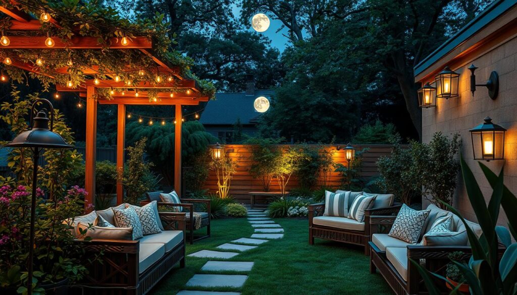 Lush, verdant garden setting with a diverse array of outdoor lighting fixtures - warm string lights draped across trellises, sleek path lighting illuminating stone walkways, and elegant wall sconces casting a soft glow. Cozy seating arrangement with plush cushions and throw pillows, inviting visitors to linger and enjoy the ambiance. Subtle moonlight filtering through the canopy of trees, creating a serene, enchanting atmosphere. Polished, weathered wood accents and natural stone elements blend seamlessly with the natural surroundings. High-resolution, cinematic composition capturing the beauty and functionality of this thoughtfully designed outdoor living space.