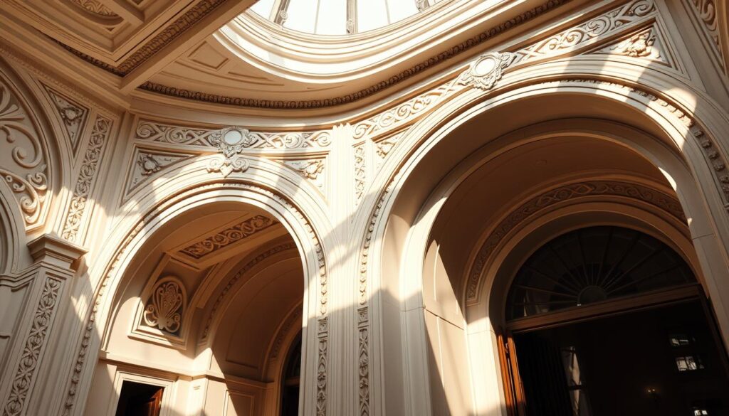 Ornate Art Deco architectural molding and arches, featuring intricate geometric patterns and smooth, flowing lines. Elegant curved entryways with sunlight streaming through, casting warm shadows across the detailed plasterwork. A grand, symmetrical composition showcasing the timeless elegance of this iconic design style. The scene exudes a sense of luxury and sophistication, with a refined color palette and high-contrast lighting. Capture the essence of Art Deco's distinctive visual language to elevate the interior space.