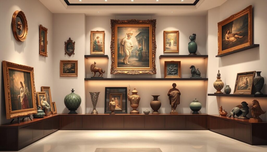 Premium decorative wall art collection, expertly curated and presented in a sophisticated gallery-like setting. Ornate gold-framed paintings and sculptures in the foreground, meticulously arranged on dark wood shelves. Mid-ground showcases intricate glass vases, ceramic statues, and carefully selected trinkets. Soft, warm lighting casts a gentle glow, creating an inviting and luxurious atmosphere. Muted color palette of rich browns, deep greens, and muted golds, conveying a sense of timeless elegance. Minimal, high-end backdrop with clean, white walls and subtle textures, allowing the premium decor to take center stage. Detailed, high-resolution rendering with a shallow depth of field, emphasizing the craftsmanship and artistry of the collection. Premium decorative wall art collection, expertly curated and presented in a sophisticated gallery-like setting. Ornate gold-framed paintings and sculptures in the foreground, meticulously arranged on dark wood shelves. Mid-ground showcases intricate glass vases, ceramic statues, and carefully selected trinkets. Soft, warm lighting casts a gentle glow, creating an inviting and luxurious atmosphere. Muted color palette of rich browns, deep greens, and muted golds, conveying a sense of timeless elegance. Minimal, high-end backdrop with clean, white walls and subtle textures, allowing the premium decor to take center stage. Detailed, high-resolution rendering with a shallow depth of field, emphasizing the craftsmanship and artistry of the collection.